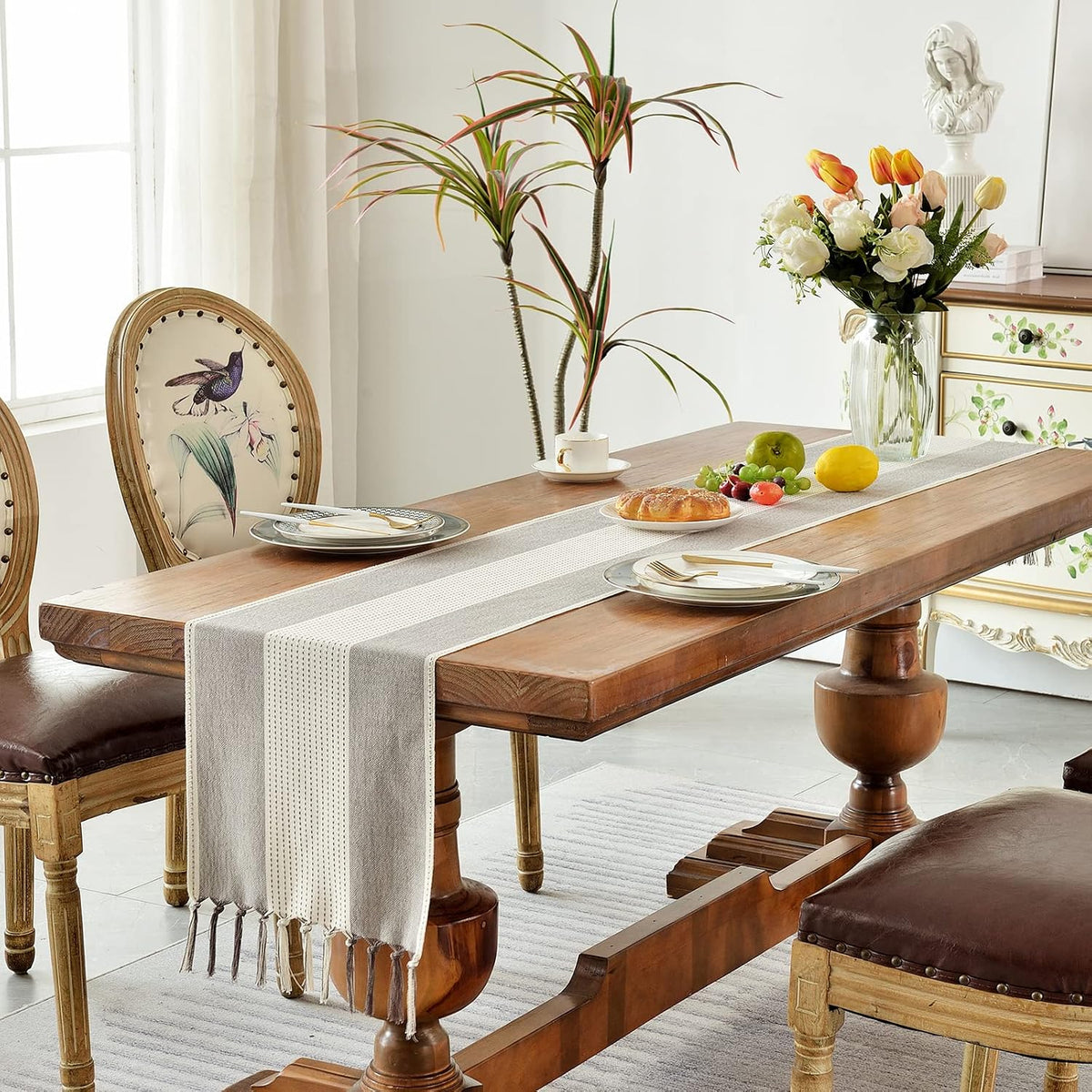 Wracra Linen Table Runner, Stripe Table Runners 72 Inches Long Coffee