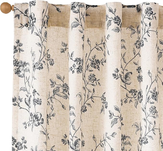 Lazzzy Black Floral Linen Curtains 96 Inch Farmhouse Back Tab Drapes by Lazzzy