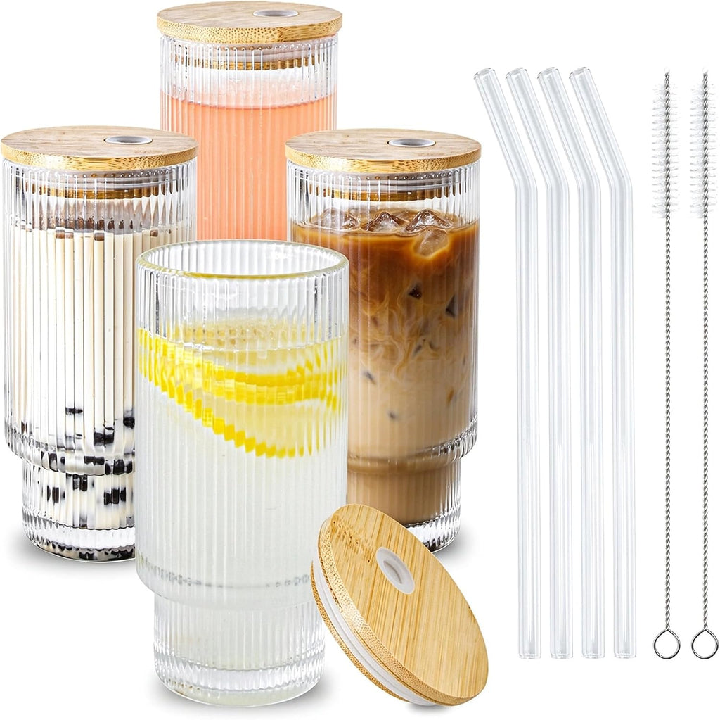 4 Pcs 11 oz Drinking Glasses Cups Set with Bamboo Lids Straws Brush Small Drinking Glassware Set for Juice Iced Coffee Cocktail Whiskey(Hobnail*4)