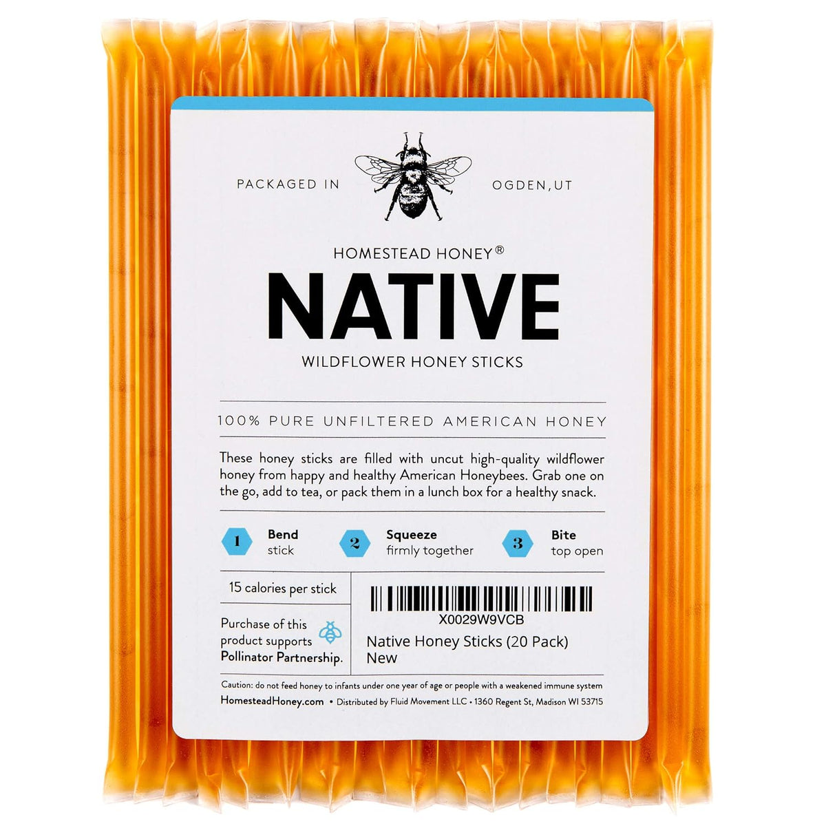 Homestead Honey Native Sticks 100 Count - Pure Wildflower - Individual Packets - Unfiltered Snack for Kids, Hiking, and Tea - Natural, No Additives - 8.25x6x1.25 inches