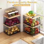 2-Pack Stackable Wire Baskets with 2 Pads & Bamboo Top, Pantry Organizer