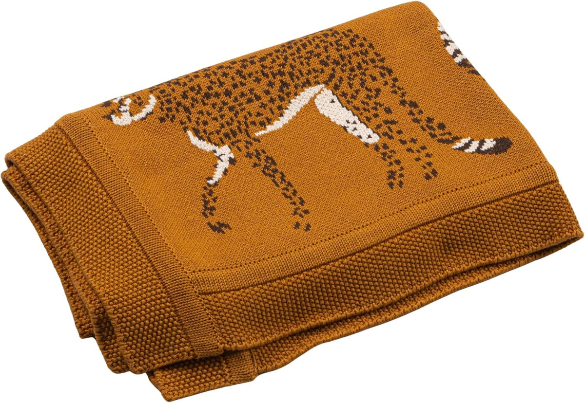 Creative Co-Op Soft Cotton Knit Baby Blanket with Decorative Cheetahs, Mustard Color
