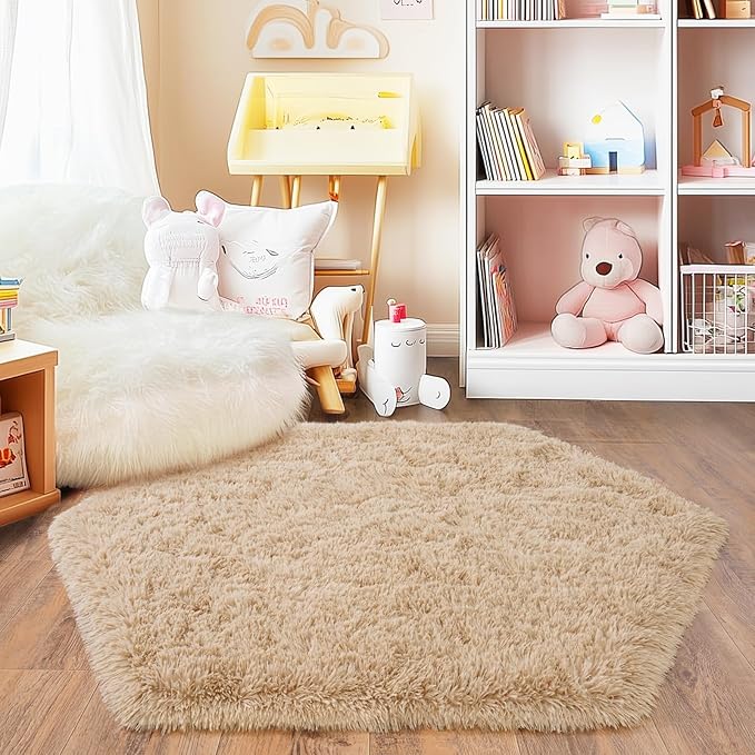 4x4.6 Feet Beige Hexagon Rugs for Princess Tent, Ultra Soft Fluffy Hexagon Area - Image 2