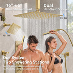 Thermostatic Shower System Dual Shower Head & HandHeld Spray Brushed Gold