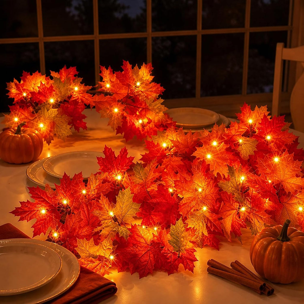 Fall Decorations for Home 9FT Fall Garland with Lights Plug in UL Listed 50 Orange Incandescent Bulbs, Connectable Fall Lights for Indoor Outdoor Halloween Harvest Thanksgivings Holiday Decorations