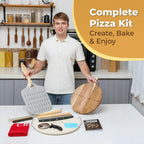 CRUSTO® Pizza Stone For Oven Set 16 Inch Cordierite Stone Pizza Peel Cutter Wheel Dough Proofing Box Cutting Board Apron Cleaning Brush Home Pizza Baking Kit With Handles for Oven Grill (Pro Kit)
