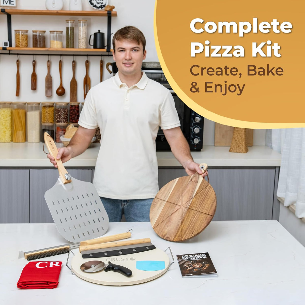 CRUSTO® Pizza Stone For Oven Set 16 Inch Cordierite Stone Pizza Peel Cutter Wheel Dough Proofing Box Cutting Board Apron Cleaning Brush Home Pizza Baking Kit With Handles for Oven Grill (Pro Kit)