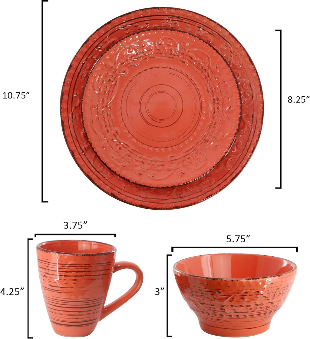 Elama Malibu Jasper 16-Piece Stoneware Embossed Pattern Reactive Glaze Orange Dinnerware Set, Tableware, Serveware Set (Jasper Orange)