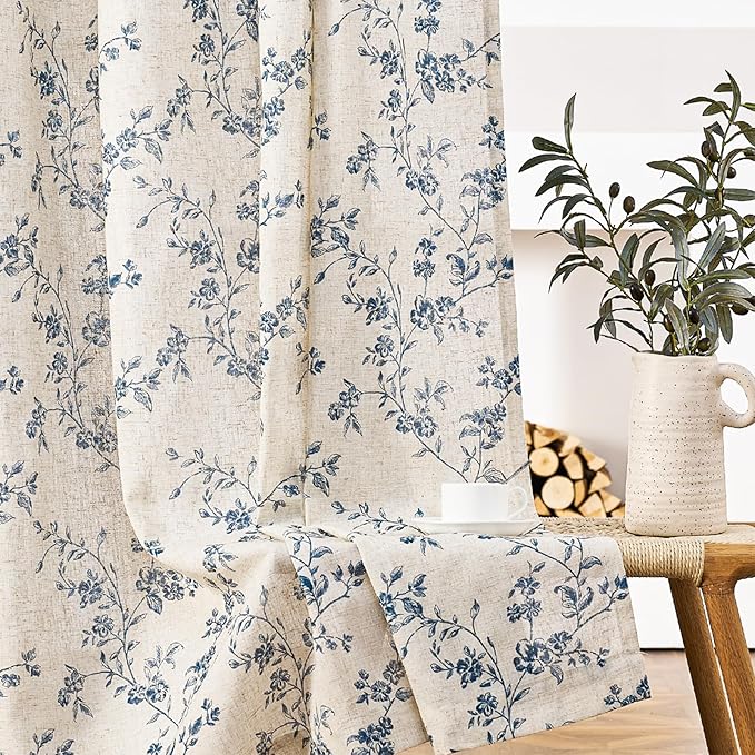 Lazzzy 90 Inch Length Curtain for Living Room Bedroom Blue Floral Drapes Linen - Image 8