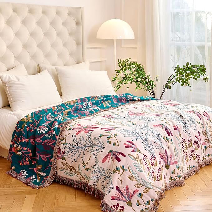 MSGKV Boho Throw Blanket for Couch 50"x60" Floral 100% Cotton Blanket Spring - Image 7