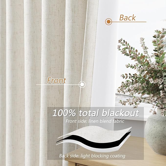 Beige White 100% Blackout Linen Curtains 108 Inch Length 2 Panels Set - Image 4