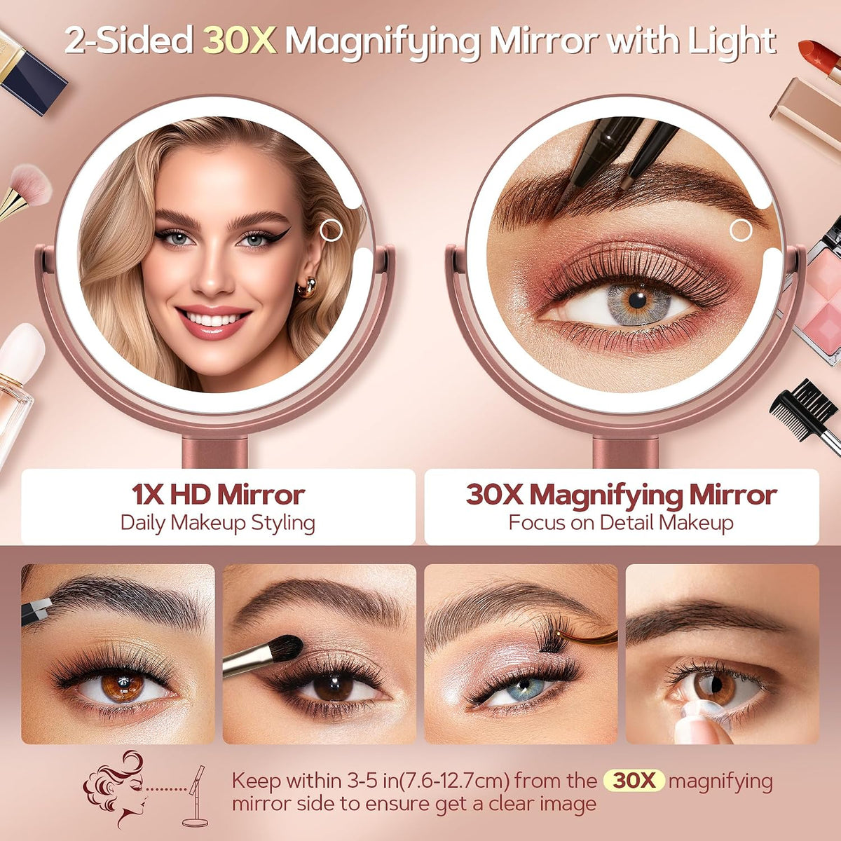 B Beauty Planet Makeup Mirror, Double-Sided Lighted Magnifying Mirror 30X