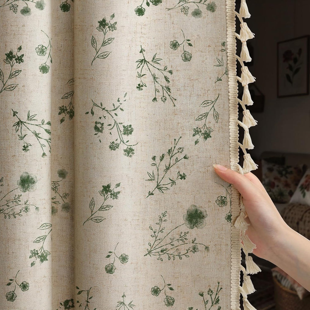 Boho Floral 100% Blackout Curtains 84 Inch 2 Panels Dark Green