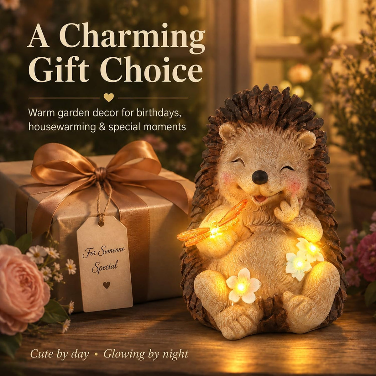 Solar Hedgehog Garden Statue with 4 LED Lights, Outdoor Yard Decor