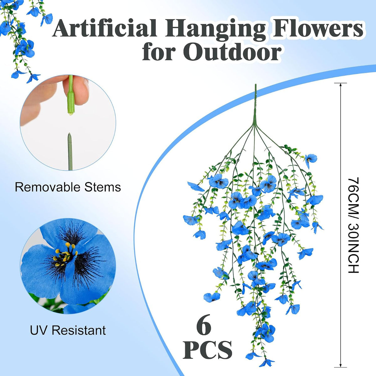 6 PCS Artificial Hanging Pansy Flowers, 30 Inch Blue Cascading Vines UV Resistant Artificial Flowers for Outdoors, Faux Hanging Plants for Farmhouse Porch Garden Window Box Patio Decor