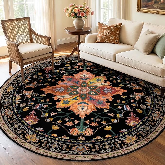 Area Rugs 6ft Washable Non-Slip, Floral Vintage Distress Print Pattern by RELEANY