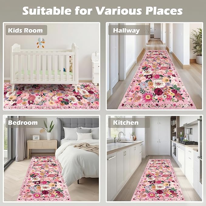 Pink Rug for Hallways Kitchen Rug 2x6, Non Slip Washable Rugs - Image 4
