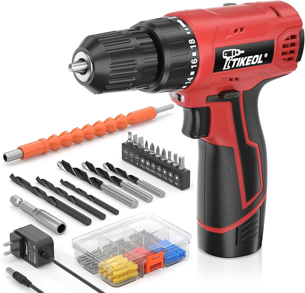 12V Cordless Drill Set with Battery & Charger, Electric Power Drill with Pure Copper Motor, 180 In-lbs Torque, 18+1 Clutch, 3/8" Keyless Chuck, LED Light, Drill Kit for Home Repair, DIY(RED)