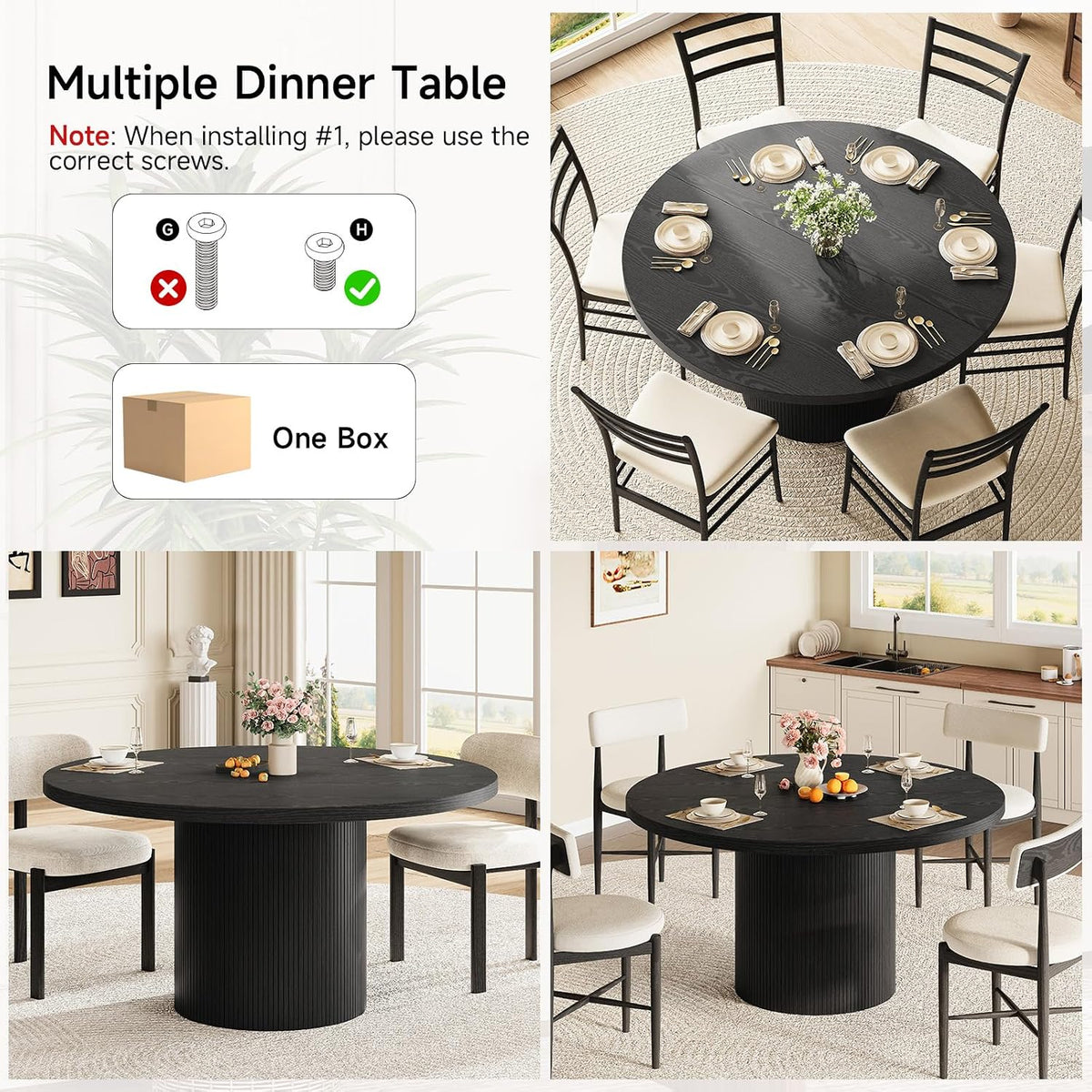 ComfyCorner 47" Round Dining Table, Circle Fluted Kitchen Table Only Black
