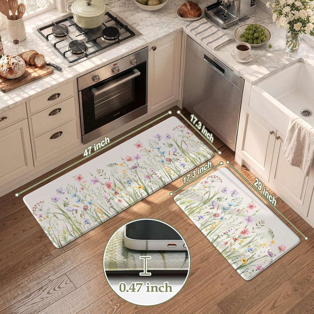 KIMODE Anti Fatigue Kitchen Mats for Floor, Floral Kitchen Rugs Sets of 2
