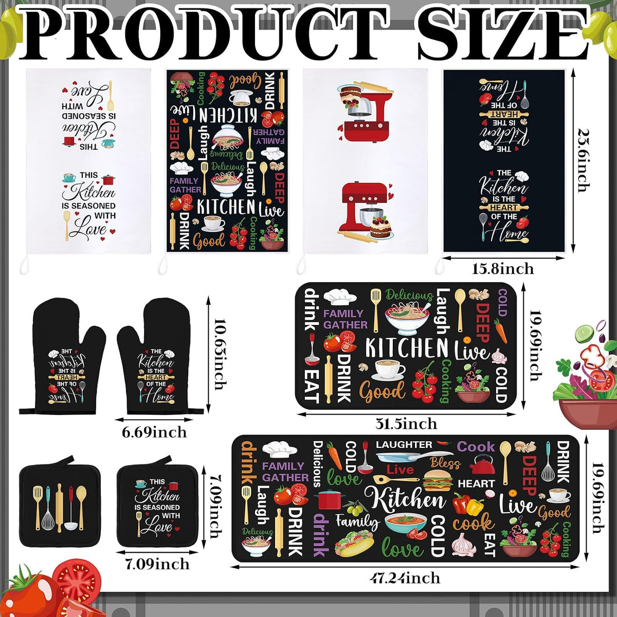 Fourluoo 10 Pcs Black Food Kitchen Decor and Accessories Set