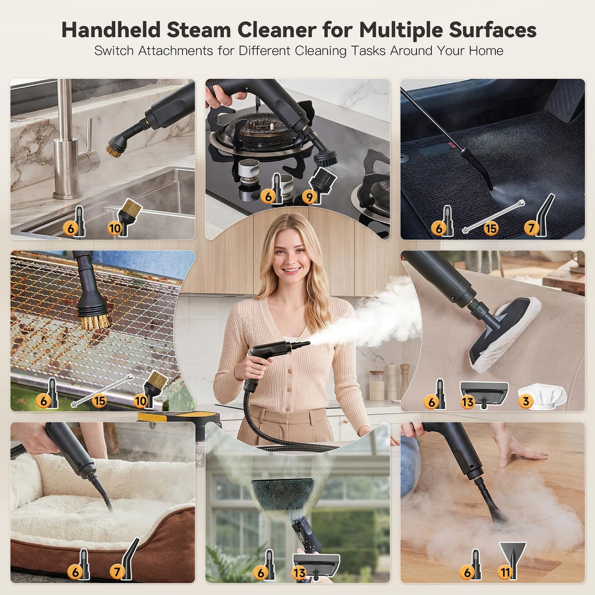 Gautye Steam Cleaner, 3 Level Adjustable Handle with 15 Accessories | 15s Heat Up, 1.69 Quarts Tank, Foldable Handle, Portable Steam Cleaner for Home, Kitchen, Bathroom, Tile, Grout, Car Cleaning