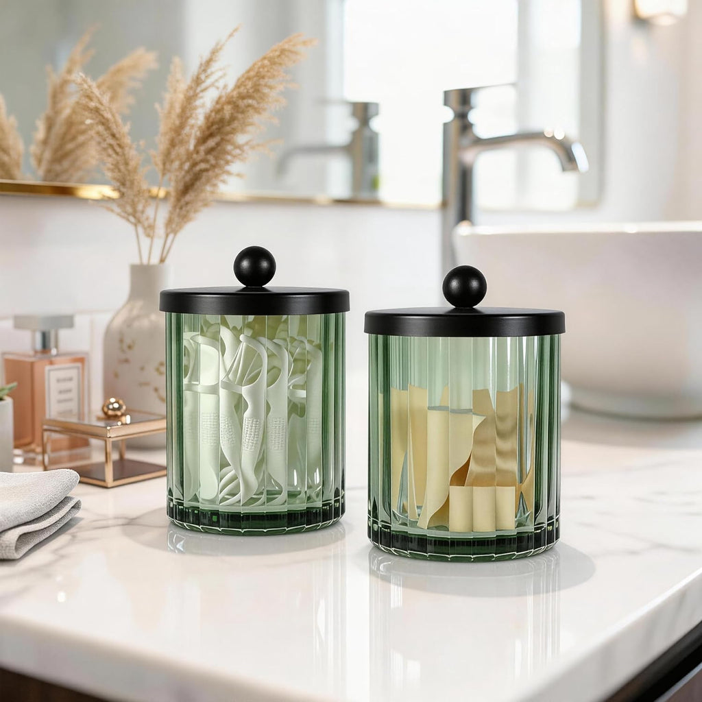 Amolliar Green Glass Apothecary Jar, Qtip Holder for Bathroom(Black 4 Pack)