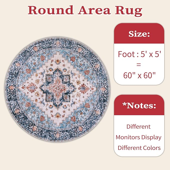 SERISSA Boho Round Area Rug, 5ft Washable Non-Slip Circle Rug, Ultra Soft - Image 6
