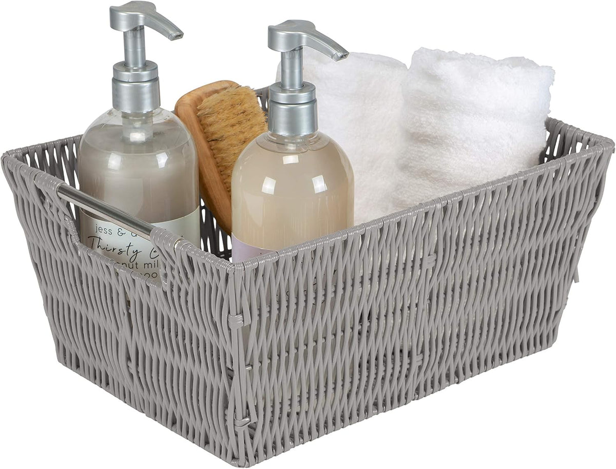 Simplify 3 Piece Set Woven Rattan Tote Baskets | Multi-Size | Handles | Storage & Organization | Toys | Bathroom Accessories | Home | Office | Dorm | Playroom | Closet | Grey