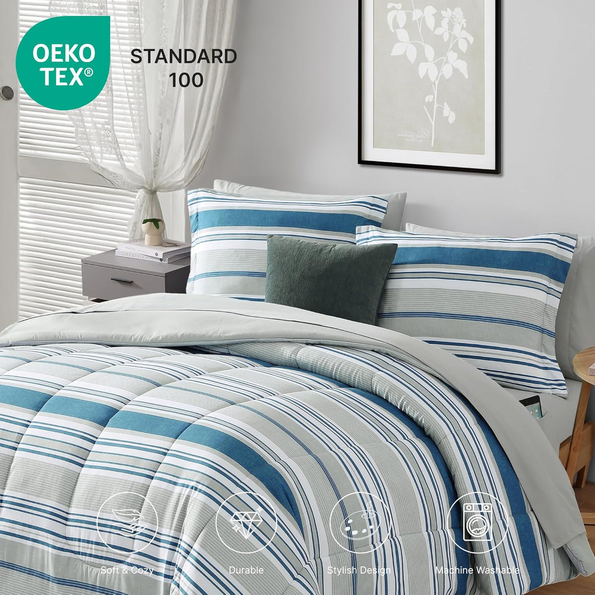 Monbix Queen Comforter Set-7 Pieces Striped Bed in a Bag Queen Bedding Sets