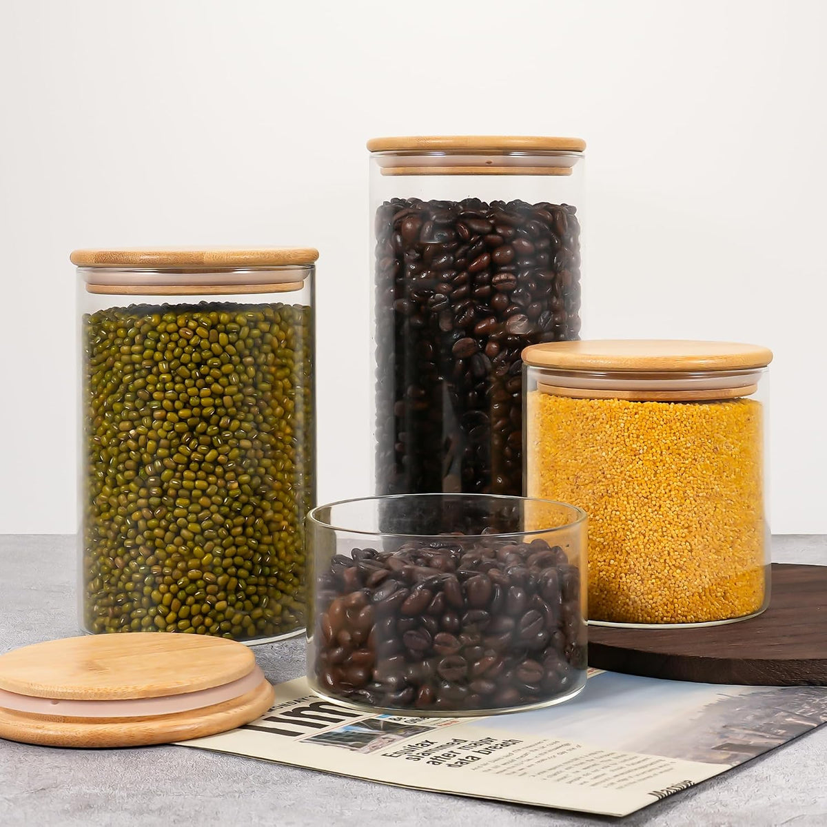 2PCS Small Glass Storage Jars with Airtight Lids,18 fl oz (550ml) Cute Clear Storage container with bamboo Lid,Glass Pantry Canister for Beans, Rice,Sugar,Cookie Coffee (N-Clear-2PCS-18FL OZ/550ML)