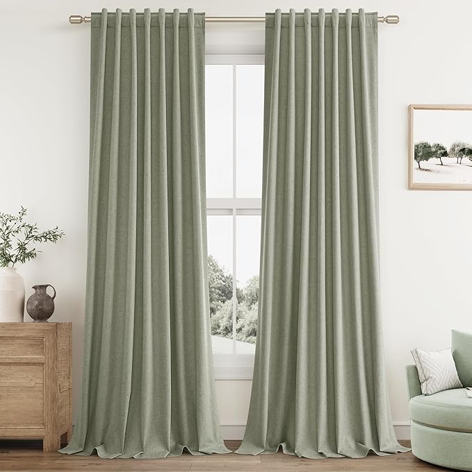 Sage Green 100% Blackout Linen Curtains 108 Inch Length 2 Panels Set by Guken