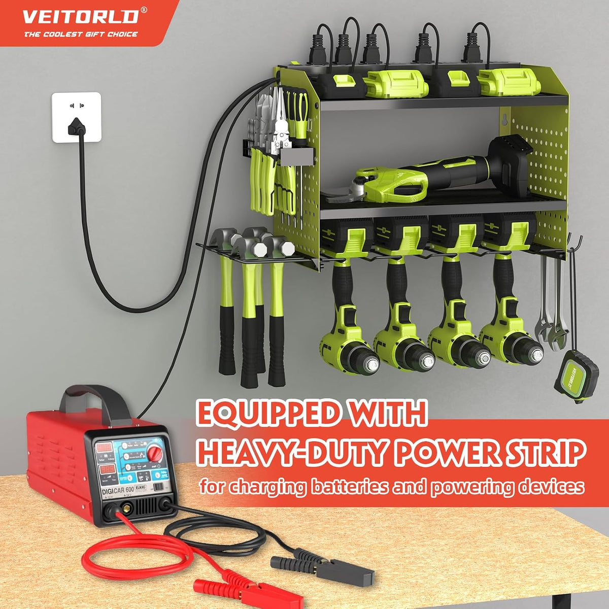 Veitorld Power Tool Organizer with Charging Station, Heavy Duty Modular Wall Mount Rack for Garage & Shed Organization, 4 Drill Holders, Fathers Day Birthday Gifts for Him Men Dad Him Husband(Green)