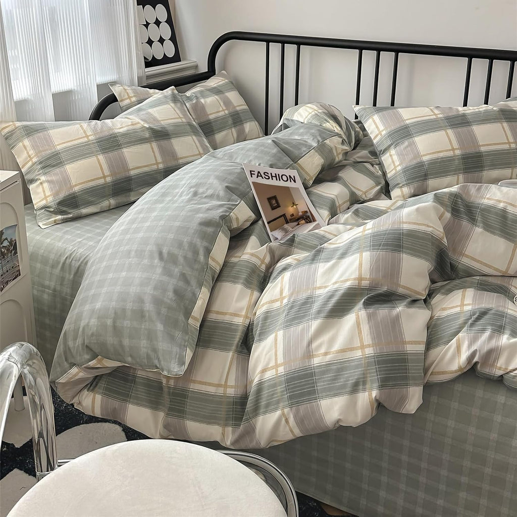 mixinni Full Comforter Set Green Geometric Checkered Plaid Bedding Comforter Set Men Boys Modern Style All Season Soft Fluffy Lightweight Bedding Set-Full Size