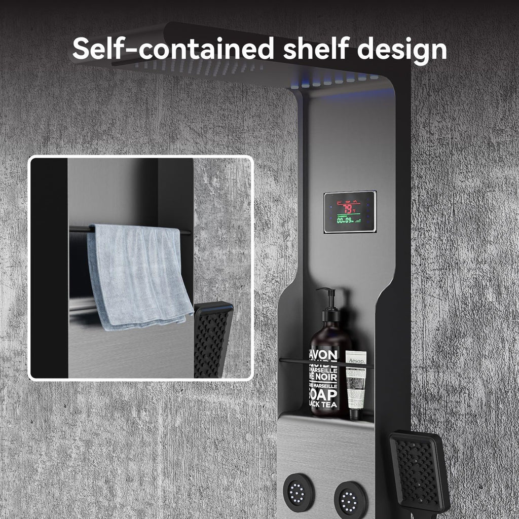 ELLO&ALLO LED Rainfall Shower Head and Rain Massage System with Body Jets Stainless Steel Bathroom Shower Panel Tower System with Shelf, Brushed Nickel&Black