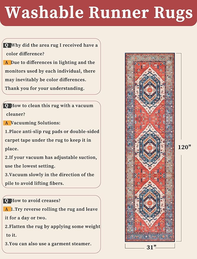 SERISSA Runner Rug for Hallways, Long Boho Rug Vintage Rust Hallway Stair Ultra - Image 6