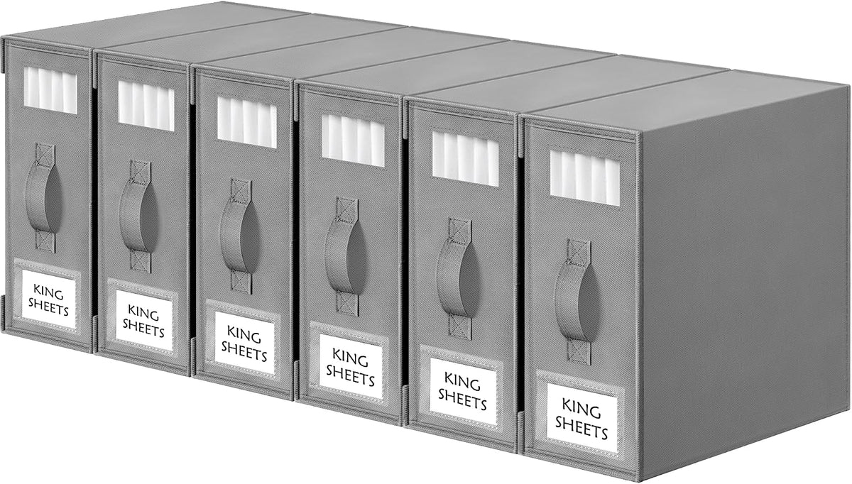 Criusia Bed Sheet Organizers and Storage, 6 Pack Foldable Linen Closet Organizer Box – Bedding Holder for Sheet Set (King/Queen Sizes), Duvet Covers, Blankets (Grey)