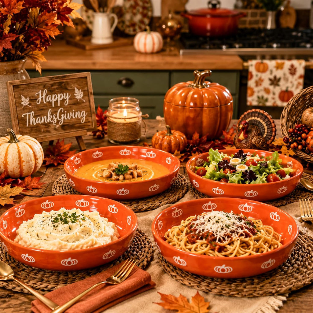 4 Pcs Thanksgiving Pumpkin Pasta Bowls 40 oz Ceramic Dinnerware Set