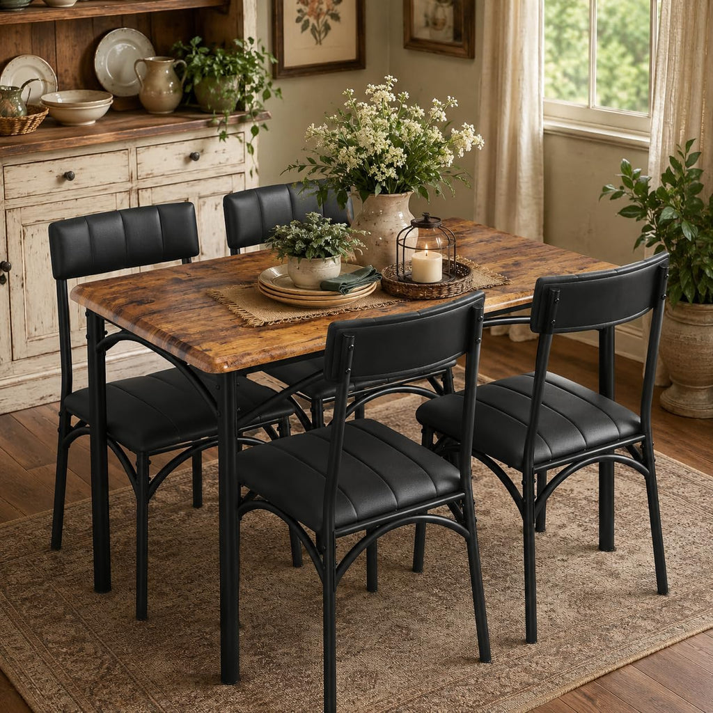 5-Piece Dining Table Set for 4, Small Farmhouse Kitchen Table with 4 Upholstered Chairs, Modern Wood & Metal Dining Room Furniture for Apartment Small Spaces, Retro Brown