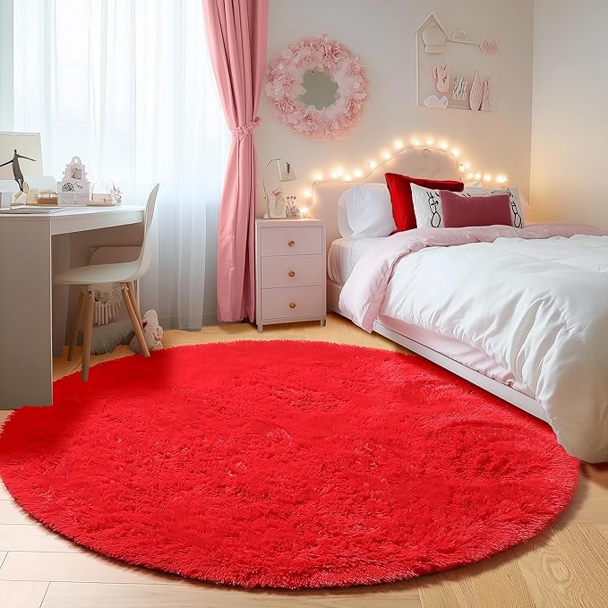 ONASAR Red Round Area Rug 4ft, Soft Bedroom Circle Rugs Floor Mat - Image 4