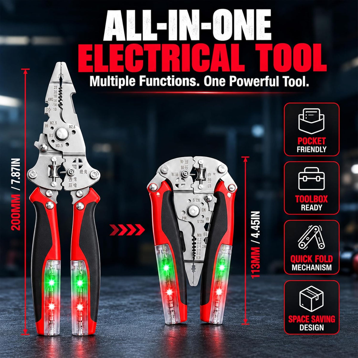 16-in-1 Foldable Wire Stripper, Electrical Multitool with 12-250V Voltage Tester, Crimper, Screw Cutter & Non-Slip Grip, Stainless Steel Voltage Test Pliers for Home Wiring, DIY & Repairs