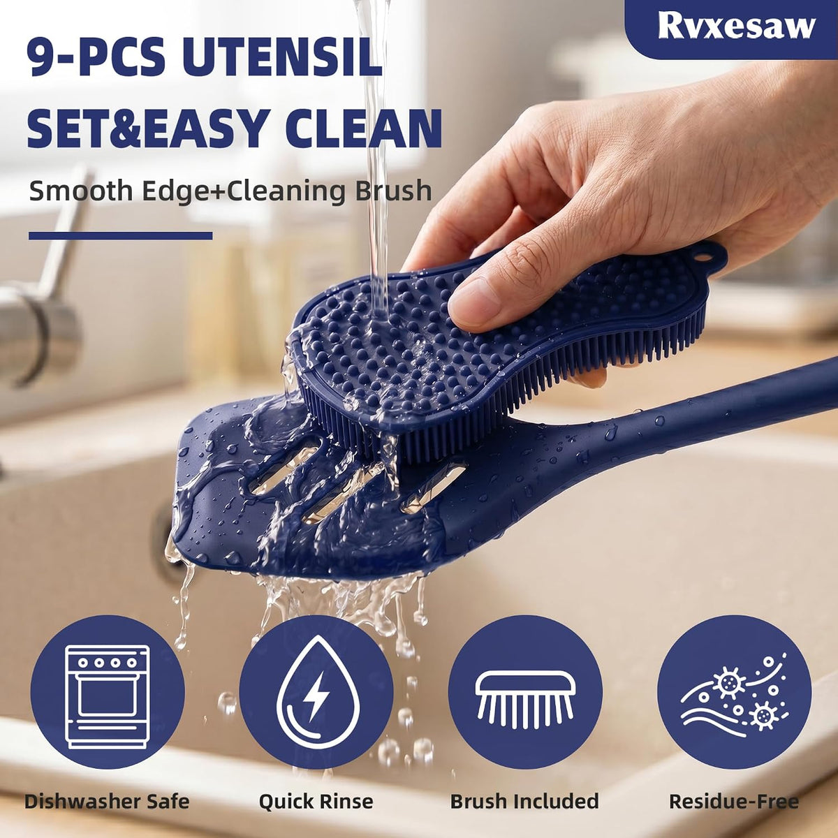 Kitchen Utensils Set,9 PCS Silicone Cooking Utensils Set Spatula Set,Tongs,Spoon,Whisk,Brush,Dishwasher Safe Kitchen Gadgets for Non-Stick Cookware,Home Essential，Kitchen Appliances(Navy Blue)