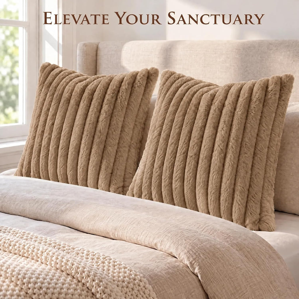 Set of 2 Decorative Throw Pillow Covers 20x20, Fall Faux Fur Khaki