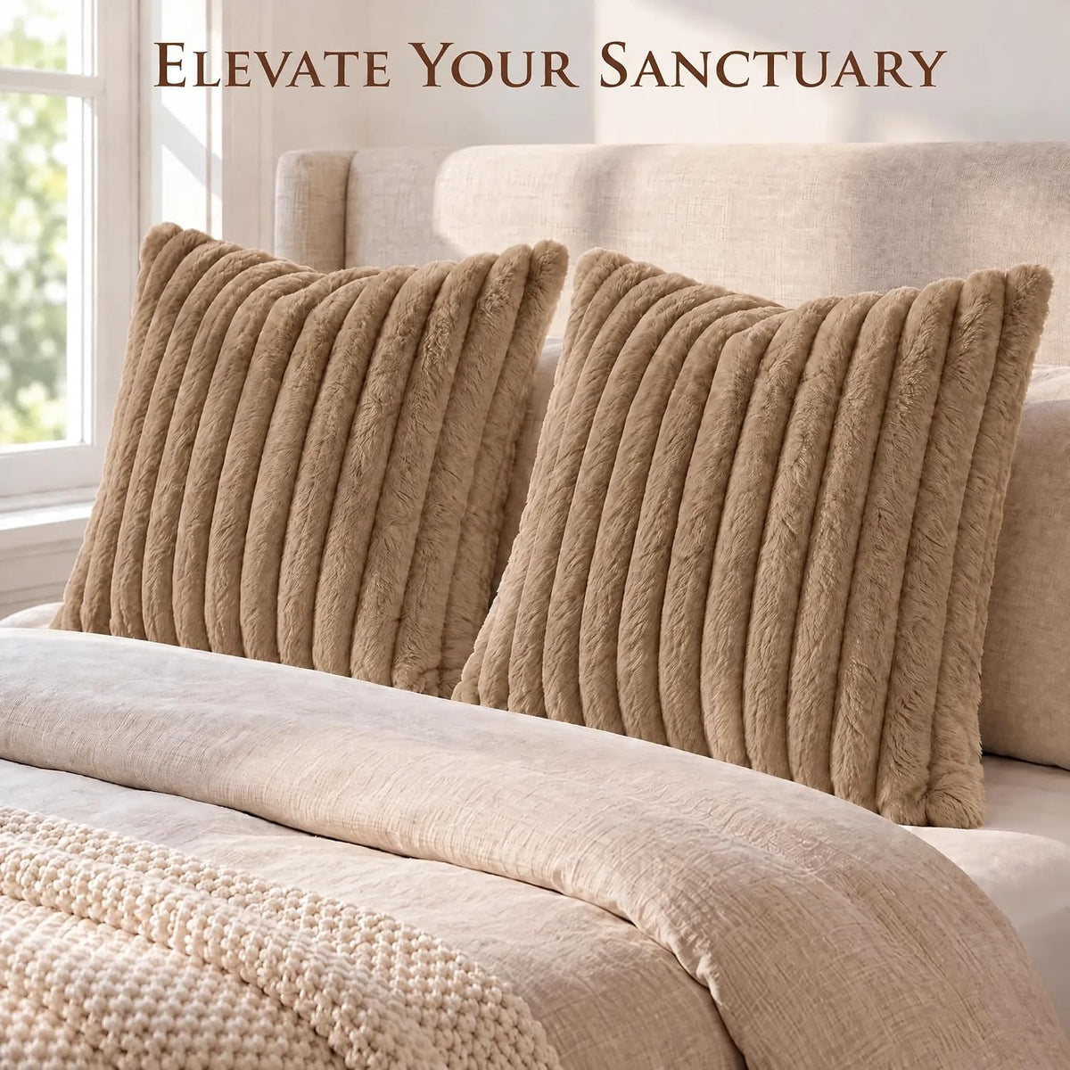 Set of 2 Decorative Throw Pillow Covers 20x20, Fall Faux Fur Khaki
