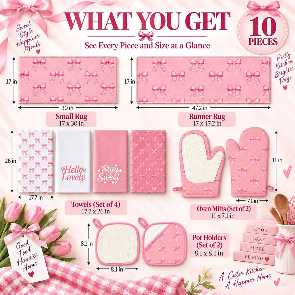 10 Pcs Pink Bow Kitchen Decor and Accessories Set, Coquette Kitchen Style
