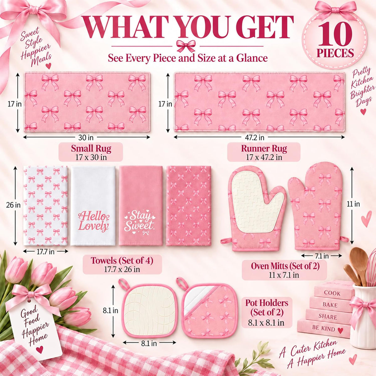 10 Pcs Pink Bow Kitchen Decor and Accessories Set, Coquette Kitchen Style