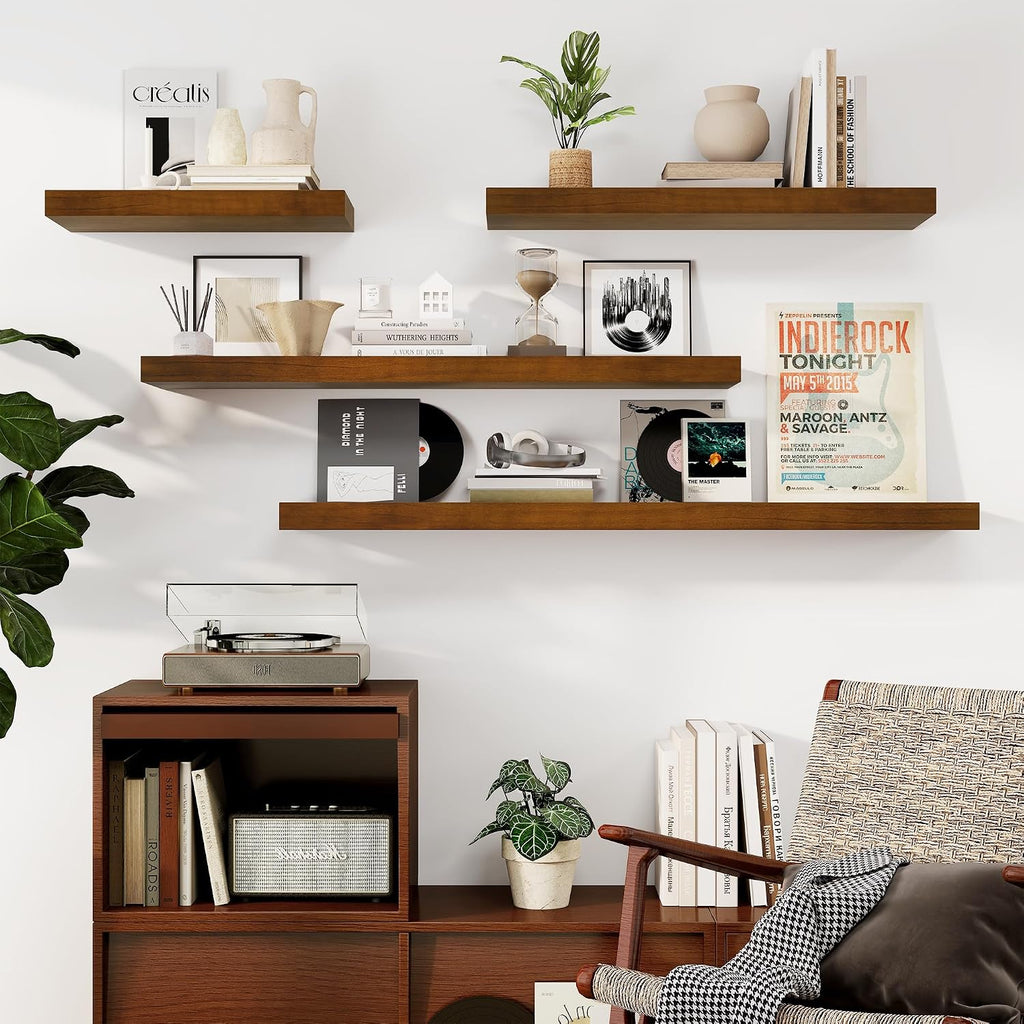Fun Memories Floating Shelves, 9.3'' Deep Solid Pine Wood Wall Shelves for Storage, Wall Mounted Display Shelf with Invisible Heavy-Duty Metal Bracket, 36'' Width Set of 2, Walnut