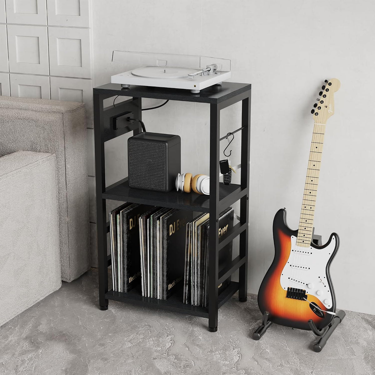 End Table with LED Light, Record Player Stand with Charging Station