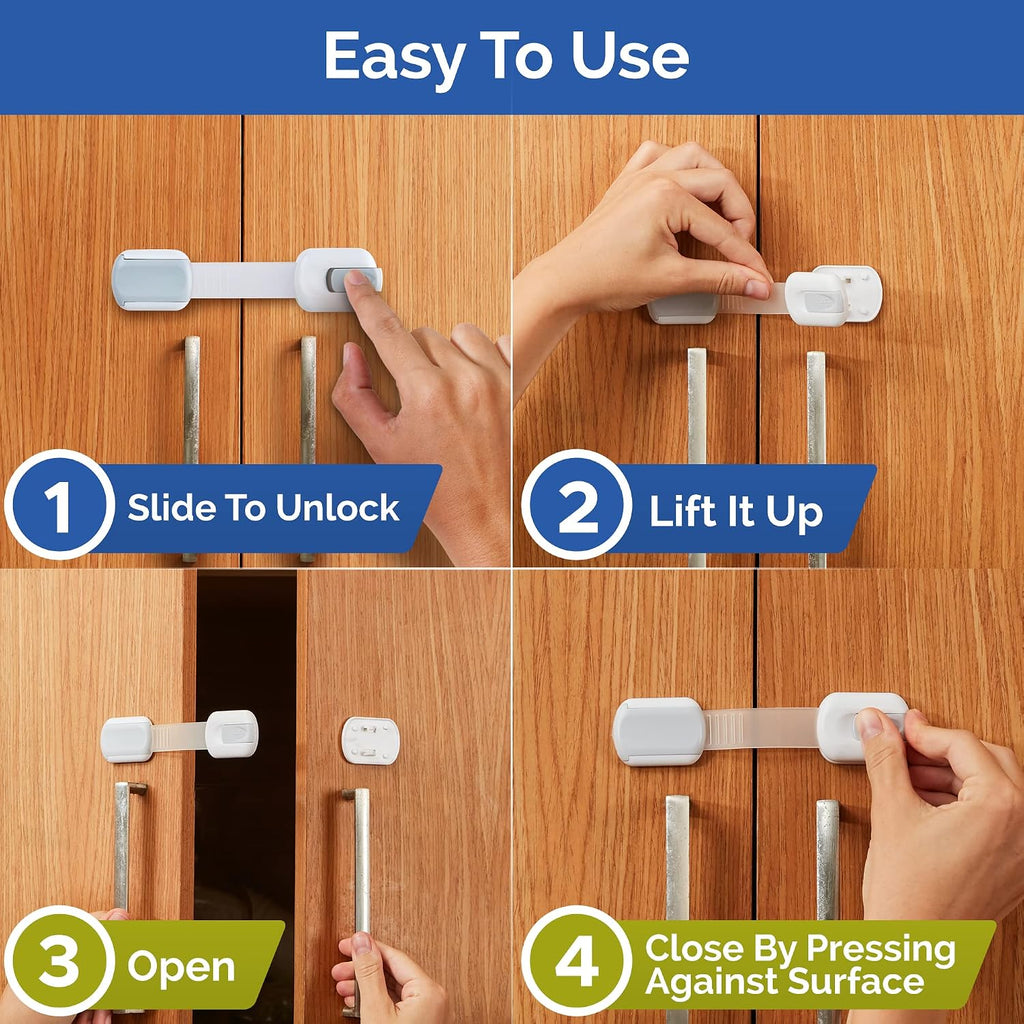 Child Safety Strap Locks (10 Pack) Baby Locks for Cabinets and Drawers, Toilet, Fridge & More. 3M Adhesive Pads. Easy Installation, No Drilling Required, White/Gray