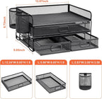 Marbrasse 3 Tier Mesh Desk Organizer with Drawer, Multi-Functional Desk Organizers and Accessories, Paper Letter Organizer with 2 Pen Holder for Home Office Supplies (Black)
